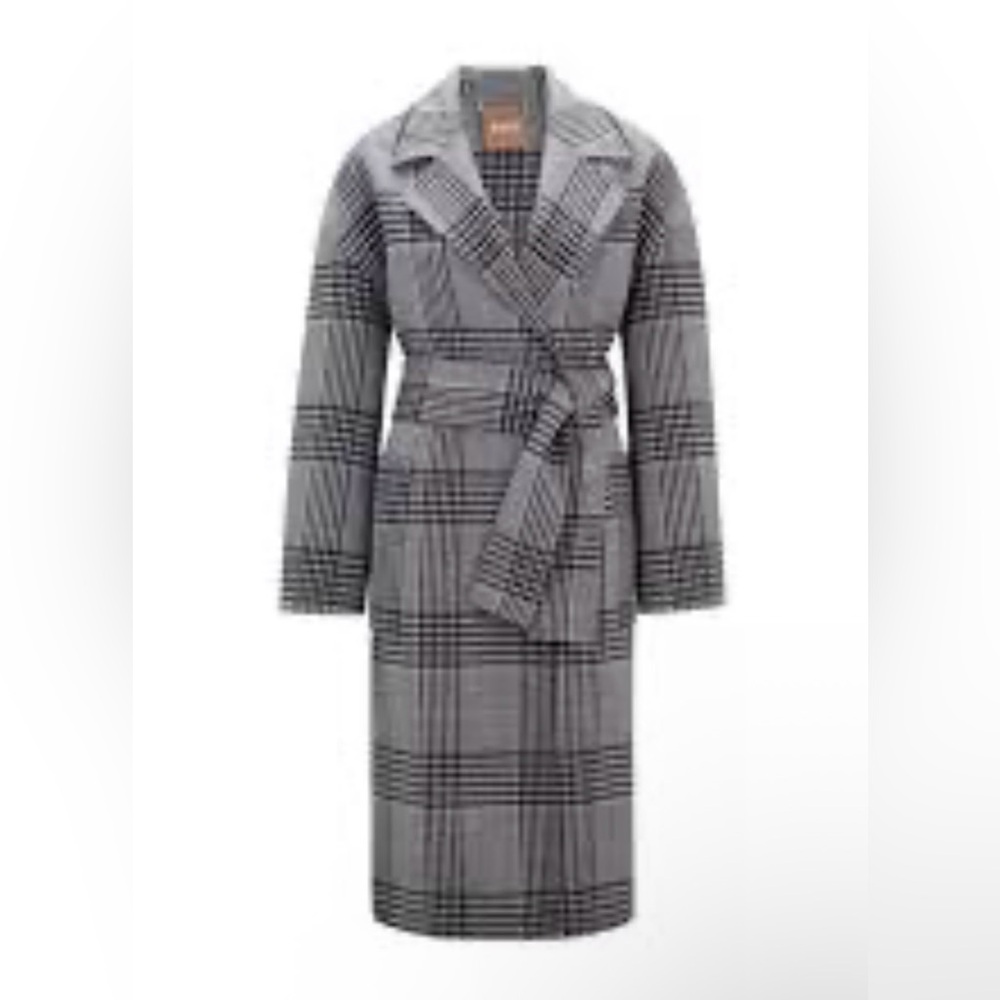 $850 Hugo Boss Colti plaid wool blend flannel coat Plaid Long Belted Robe Coat 8